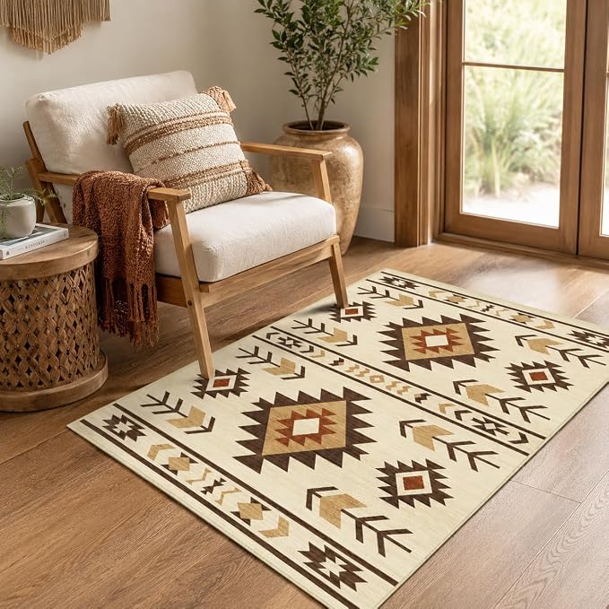 Western Rug 2x3 for Entryway Indoor Mat, Southwestern Aztec Tribal Rugs Southwest Navajo Machine Washable Entrance Rug Non-Slip Printed Low-Pile Entry Floor Carpet Doormat for Bedroom Bathroom, Camel