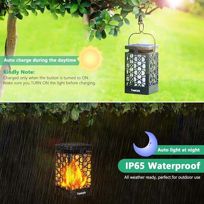 TomCare Solar Lanterns Outdoor Upgraded Flickering Flame Waterproof Hanging Lanterns Decorative Solar Powered LED Lights for Garden Patio Deck Yard, 2 Pack