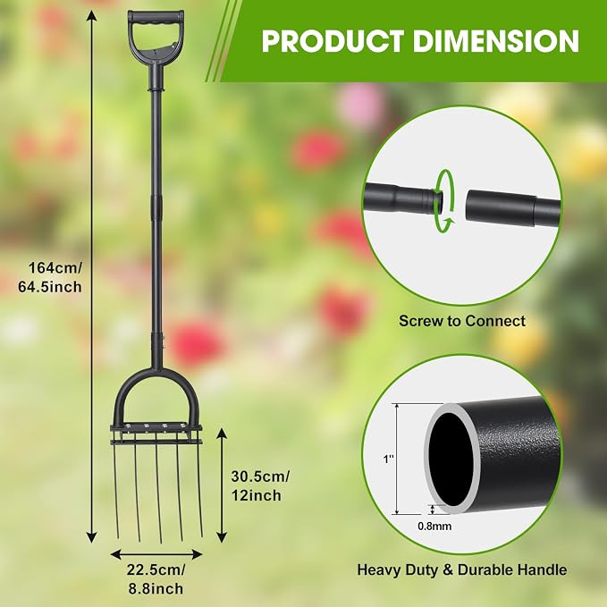 Broad Fork Garden Tool, 50” Heavy Duty Broadfork Hand Tiller with Double 5 Sharp Tines, Garden Pitchfork with Ergonomic D-Shaped Handle, Spading Digging Fork for Compost Soil Cultivating Loosening