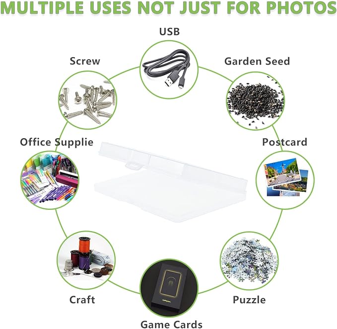 Photo Storage Box 5" x 7", 18 Inner Extra Large Photo Organizer Container, Plastic Craft Storage Box with Handle for Pictures Stickers Stamps Seeds