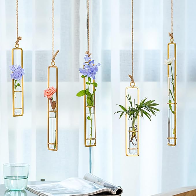 Sziqiqi Glass Propagation Station Test Tube Vases Clear Glass for Cuttings, Buds, Greenery Hydroponic Plant Propagation Home Balcony Bath Wall Decoration Floral Container Set of 3 Gold