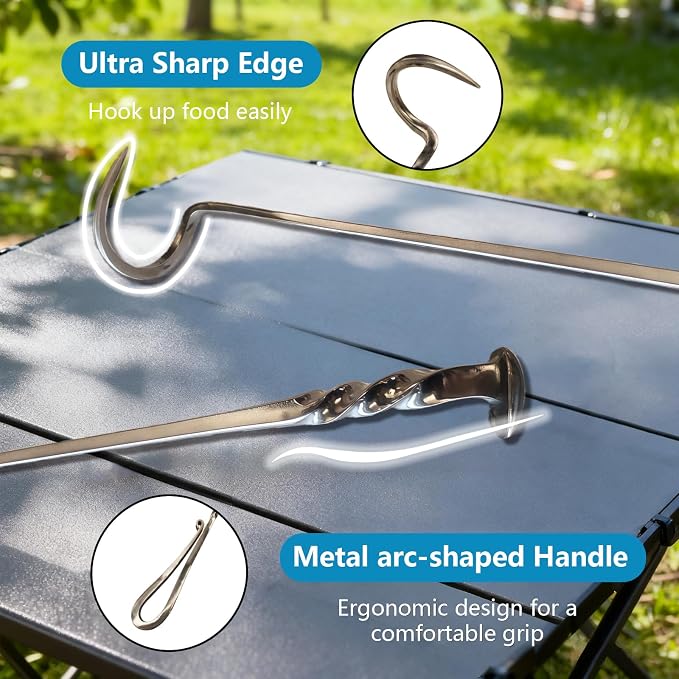 Meat Flipper, Grill Hooks for Turning, Heavy Duty Stainless Steel BBQ Turner Hooks with Long Handle for Flipping Ribs, Pork Shoulder, Roast on Smoker Grilling (Left Hand - A)