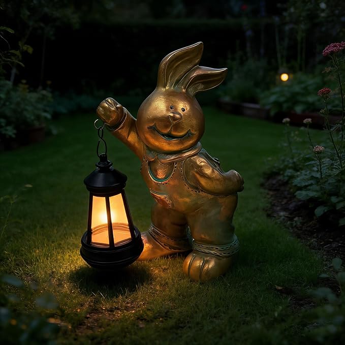 Outdoor Bunny Statue Solar Lantern for Garden Yard Lawn Patio Bronze Rabbit Figurine Decorations Housewarming for Mom Grandma Women