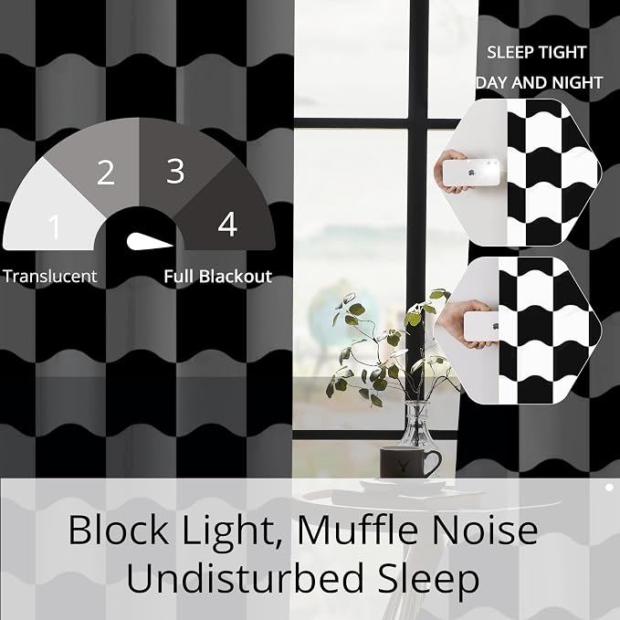 Wavy Checkered Black and White 100% Blackout Curtains for Bedroom Living Room, Modern Pattern Window Drapes, Thermal Insulated, Noise Reducing, Grommet Top, Set of 2 Panels, Each W52xL63