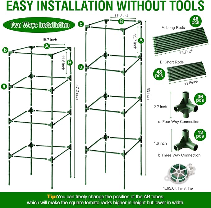 Fabulas Tomato Cage, Square Tomato Trellis Plant Support Stake Cages for Garden and Pots Tall Up to 63 Inch Adjustable Cucumber Trellis for Raised Bed Outdoor Climbing Plants Vegetables Flower, 3 Pack