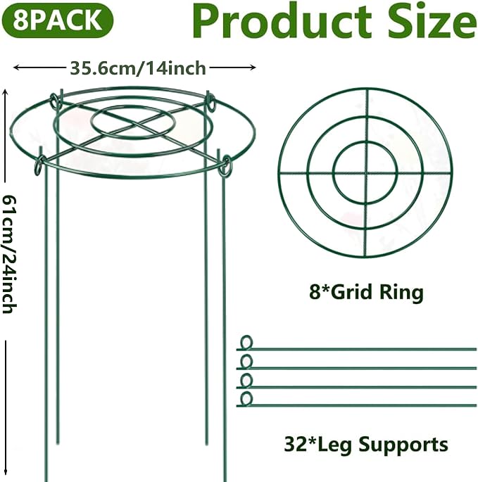DAYUMKOU 8 Pack Peony Cages and Supports, 14" D x 24" H Plant Supports for Outdoor Plants, Heavy Duty Metal Peony Support Cage Flower Support Rings for Rose Hydrangea Strawberry