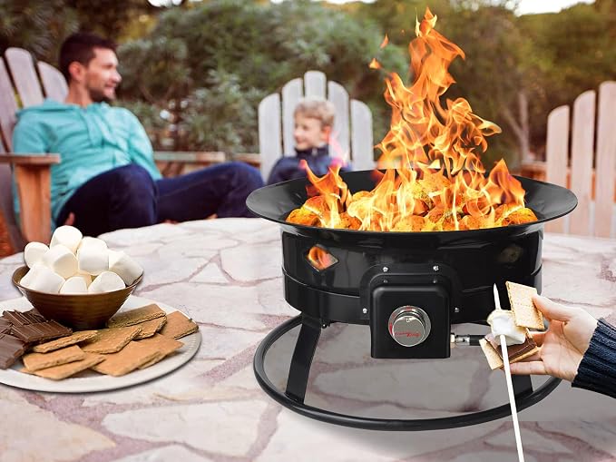 Flame King Smokeless Propane Fire Pit, 19-inch Portable Firebowl, 58K BTU with Self Igniter, Cover, & Carry Straps for RV, Camping, & Outdoor Living