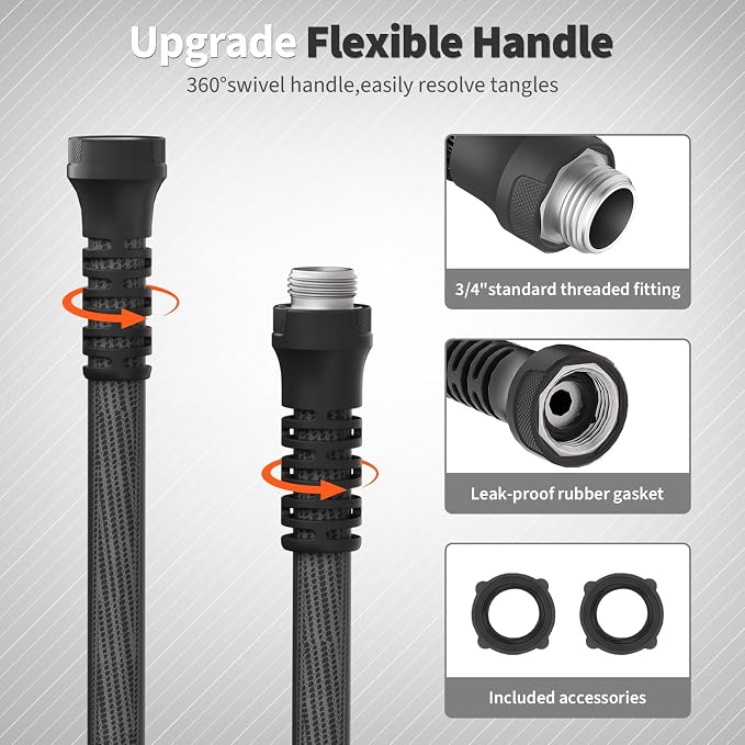 Garden Hose 50ft x 5/8",Flexible Water Hose,Lightweight Braided Hose with Swivel Handle,Leak-Free Connections, Male to Female Fittings, Kink Resistant Durable Hybrid Hose,Grey