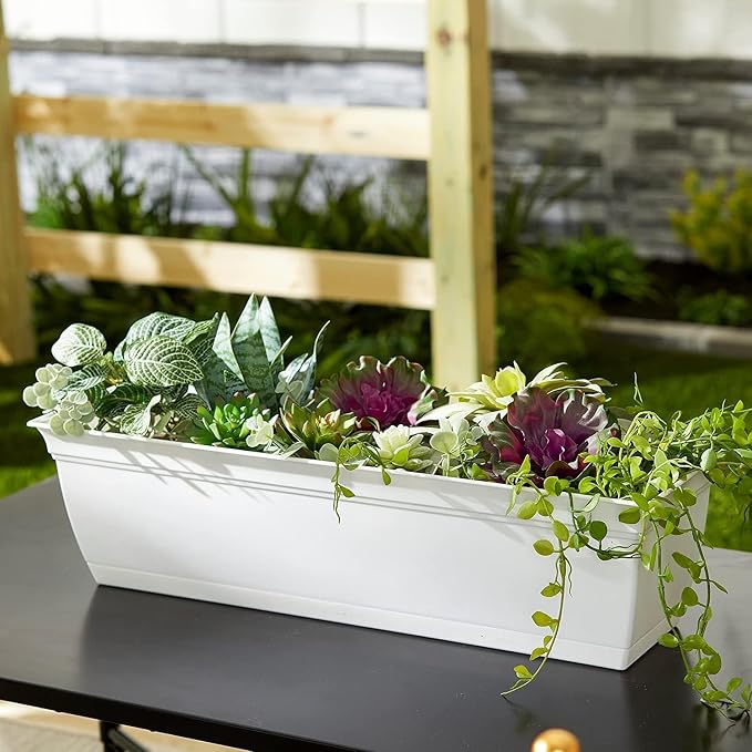 The HC Companies 24 Inch Eclipse Window Planter Box with Drainage Holes & Attached Saucer, Lightweight UV-Resistant Plastic Indoor & Outdoor Planters, 2-Pack Flower Box for Garden & Home Decor, White