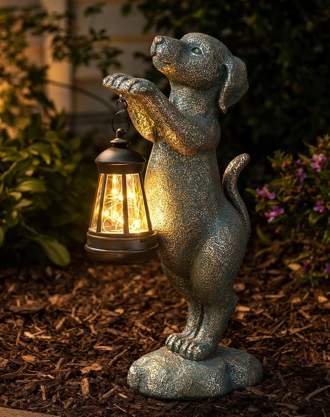 Solar Dog Garden Statue - Puppy Holding Lantern Outdoor Decor, Waterproof Resin Yard Art Figurine with Warm LED Light for Lawn, Patio, Porch & Pathway, Perfect Housewarming Gift for Dog Lovers