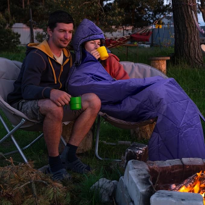 Large Waterproof Outdoor Blanket Thick Fleece 80" x 58" | Windproof Stadium Blanket, Wearable Poncho, Machine Washable for Camping, Car, Pet, Picnics - Purple Hooded