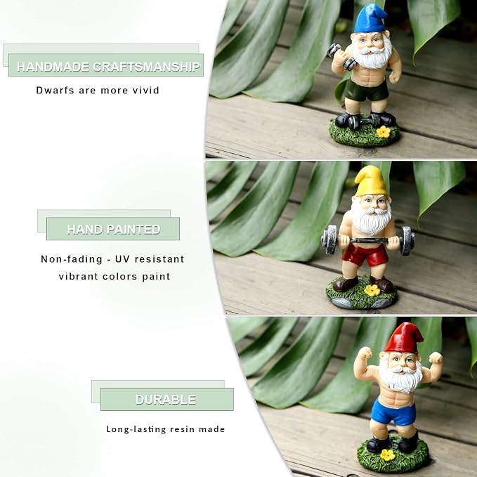Funny Workout Garden Gnomes Statues 3pcs 6.2 Inches Outdoor Muscular, Barbell and Dumbbell Gnomes Decorations Set Gnome Gifts for Yard Lawn Patio, Indoor Gnome Figurine for Home Tabletop