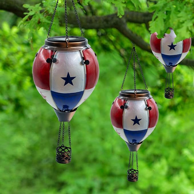 Glass Solar Hot Air Balloon Lantern with Flame Hanging Garden Flickering Light Outdoor Waterproof for Yard Patio Tree 4th of July Decorations, Flag-B