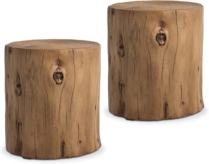 COSIEST 2 Pieses Outdoor Side Table, Hand-Painted Wood Stump Side Table Set of 2, Faux Wood Stool, Ottomans, Plant Stand, Deck or Garden (Light Oak)