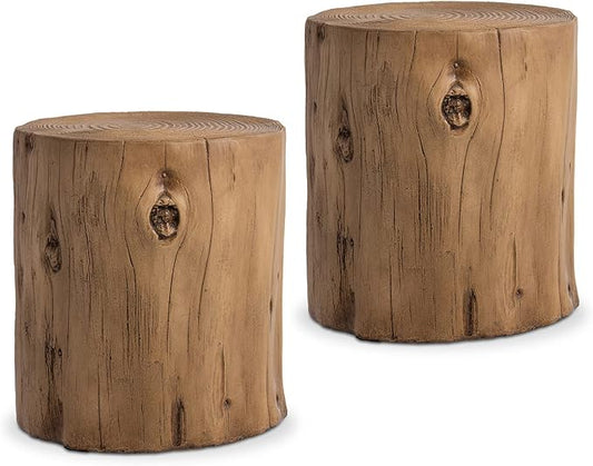 COSIEST 2 Pieses Outdoor Side Table, Hand-Painted Wood Stump Side Table Set of 2, Faux Wood Stool, Ottomans, Plant Stand, Deck or Garden (Light Oak)