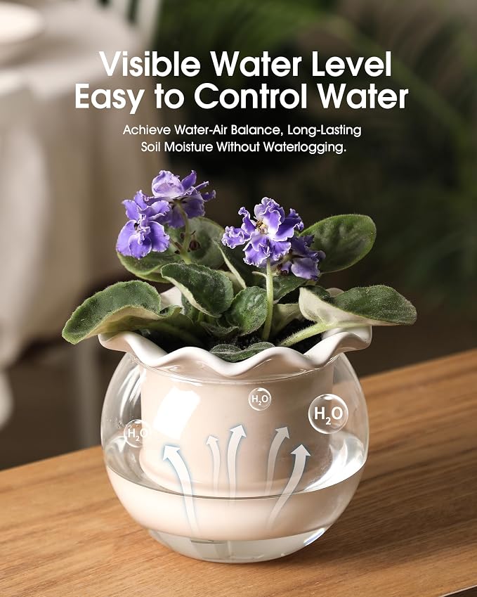 Fayoula 6 Inch African Violet Pots Maintenance, Glass Self-Watering Planter for Indoor Plants - Ideal Flower Pot for Thriving Indoor Gardens, Pots Only (Version 2)