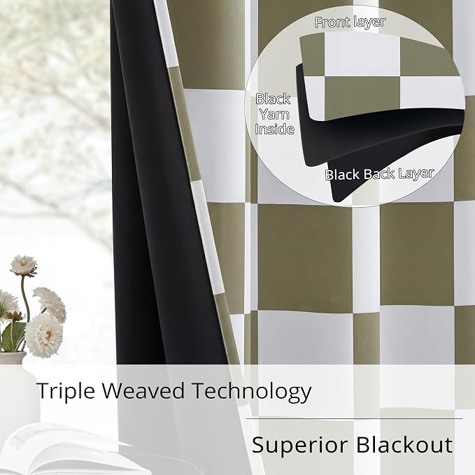 100% Blackout Checkered Curtains – 2 Panels, Each W52×L84, Thermal Insulated, Nosie Reducing for Bedroom, Modern Sage and White Checkerboard Design