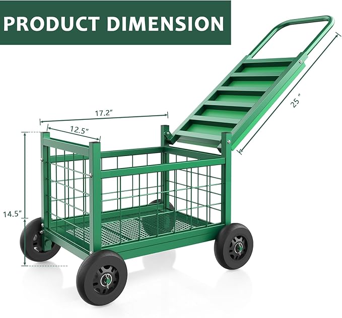 Garden Cart with Seat,3-in-1 Rolling Seat with Wheels for Seniors Gardening | Upgraded Heavy Duty Gardenning Cart with Seat, Supports up to 500 LBS for Seniors, Lawn, Patio & Backyard Gardening, Green