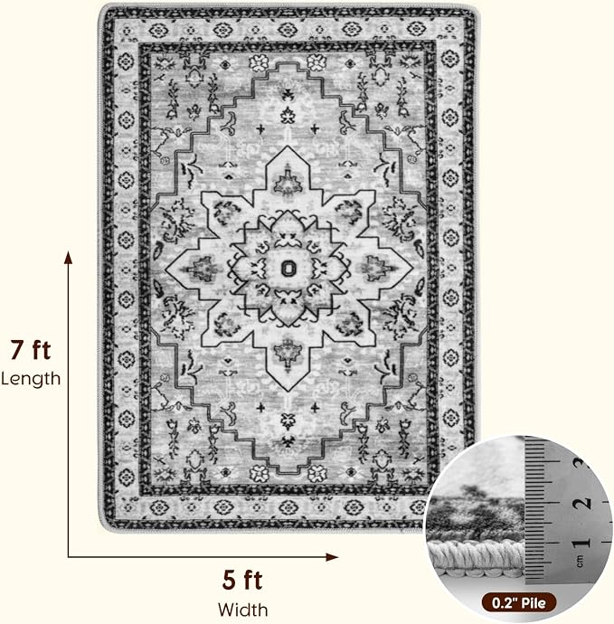 LBRO2M Machine Washable Rug Soft Pet Friendly Carpet 5X7 Gray | Persian Rug 5X7 for Living Room, Bedroom, Dining Room, Home Office, Non Slip Carpet, Foldable Stain Resistant Rugs