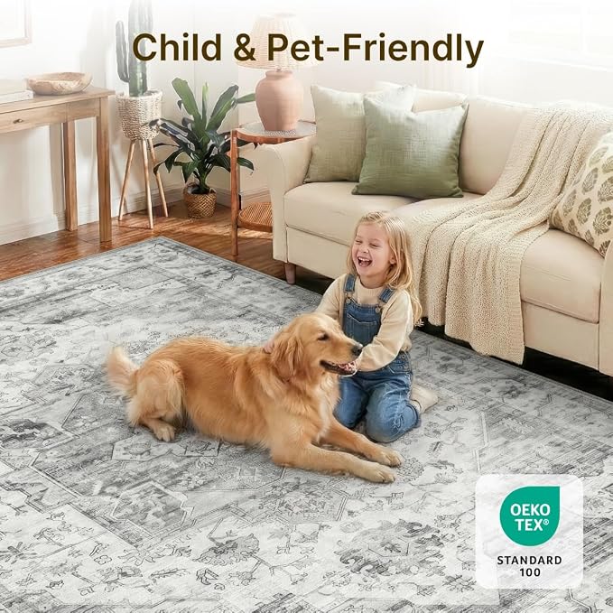 5x7 Area Rug for Living Room Vintage Neutral Washable Rugs | Stain Resistant Farmhouse Boho Floral Indoor Carpet for Bedroom Office and Home Decor(Black&Grey)