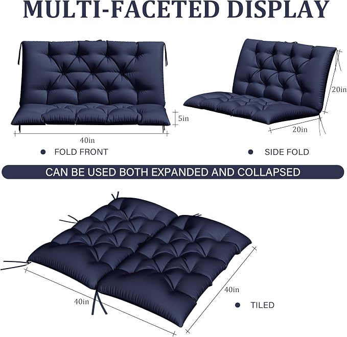 Porch Swing Cushion with Backrest,Waterproof Bench Cushion for Outdoor Furniture,2-3 Seater Replacement Thickened 5 in swing cushion,with Ties,Patio,Outdoor,Backyard and Garden (Navy Blue,40x40 in)