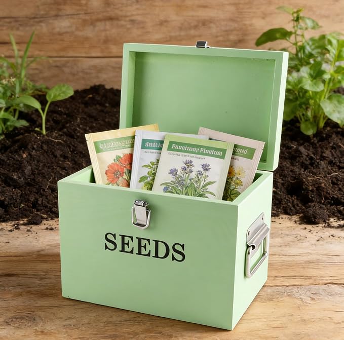 Wooden Seed Storage Organizer with 2 Dividers, Seed Saving Box with Lid and Handle, 50 Envelopes, 20 Plant Labels and 2 Pens for Garden Seeds