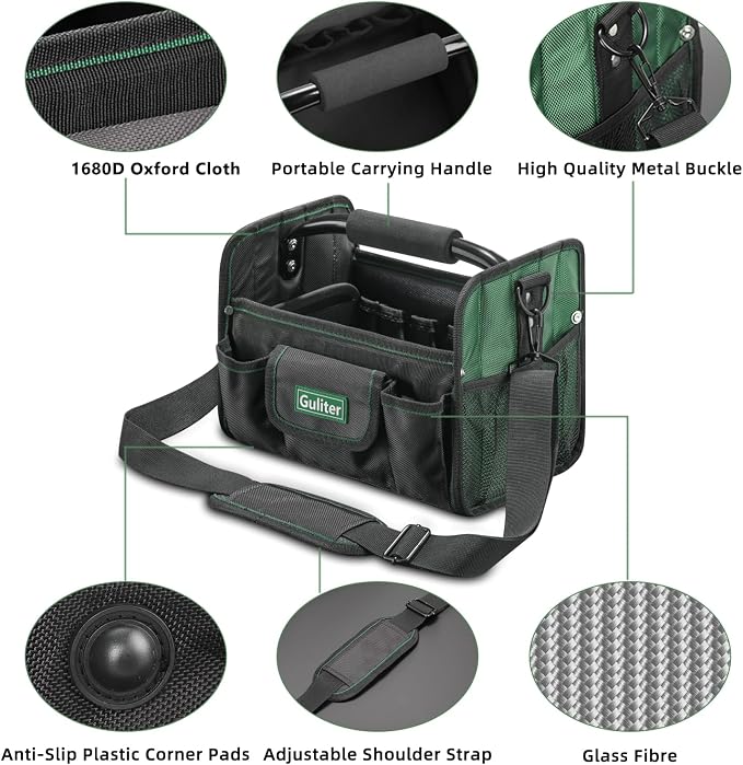11 Inch Small Tool Bag, Open Top Tool Tote with Stainless Steel Handle and Adjustable Shoulder Strap,21 Pockets Electrician Tool Bags,Black/Green