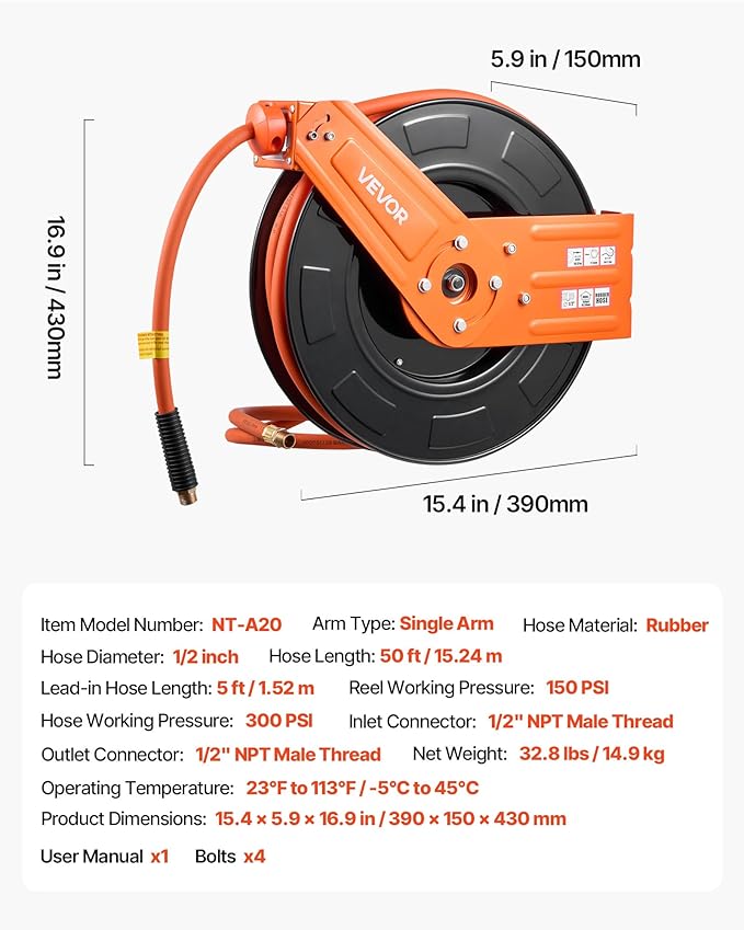 VEVOR Retractable Air Hose Reel, 1/2 Inch x 50 FT Rubber Air Hose Max 300PSI, Auto Rewind Air-Compressor Hoses Reel with 5 ft Lead in, Ceiling/Wall Mount for Garage Workshops