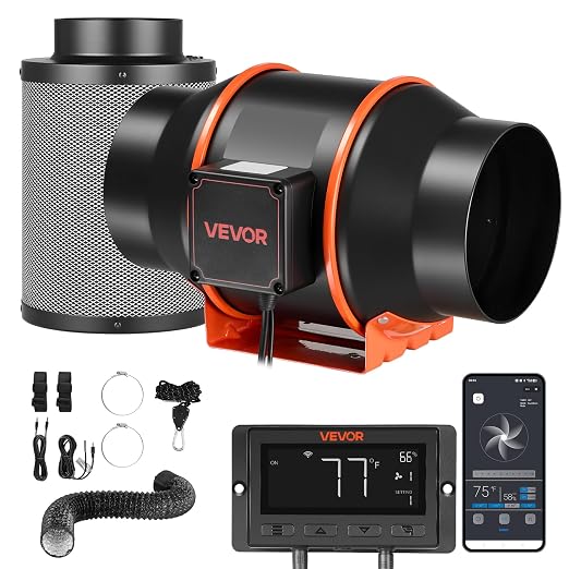 VEVOR Inline Duct Fan Kit Carbon Filter, 402 CFM 6 inch EC Motor Exhaust Ventilation Fan with 10-Speed, PWM Controller, App Control, Timer, Cooling System for Grow Tent, Indoor Gardening, Hydroponics