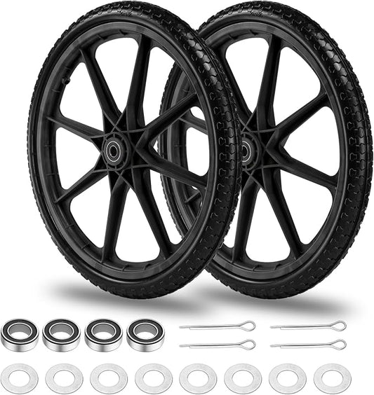 20" Flat Free Tire and Wheel with 3/4" & 5/8" Bearing, Replacement Wheels for Rubbermaid Wheelbarrow,Lawn Carts, Big Wheel Utility Carts and Garden Yard Cart, 2 Pcs Black