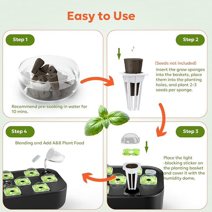owltron 50 Pcs Hydroponic Seed Pods Kits, Grow Anything Kit Pod for Indoor Herb Garden with 12 Sponges, 2 A&B Nutrient Plant Food, 12 Baskets, 12 Stickers, 12 Germination Domes（Square)