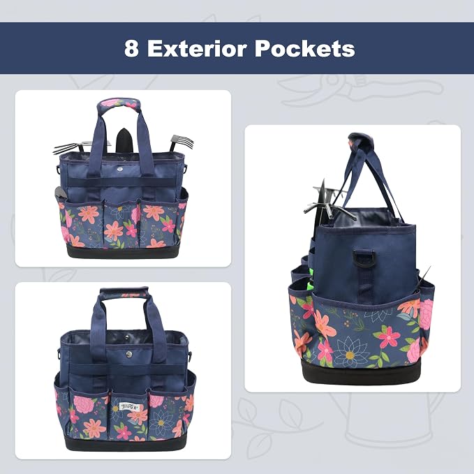 Garden Tool Bag with Hard Bottom, Multi-Pockets Gardening Tote with Shoulder Strap, for Women Outdoor Yard Plant Work Gift (Tools Not Included) (Blue Floral)