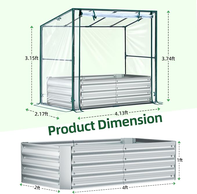 Ohuhu Raised Garden Bed with Cover Outdoor, 4x2x1 FT Galvanized Metal Planter Box with PVC Greenhouse Cover, Protects Plants from Frost Birds Insects, 3-in-1 Gardening Set for Vegetable Flower Herb