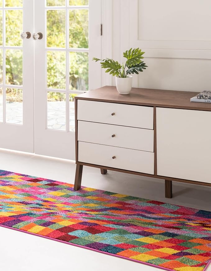 Unique Loom Estrella Collection Geometric, Abstract, Colorful, Modern, Eclectic Area Rug (2' 7 x 10' 0 Runner, Multi/Pink)