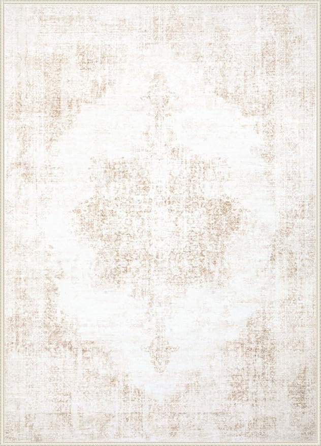 Area Rug 5x7 Vintage Rug: Washable Living Room Rugs Retro Medallion Distressed Large Rugs Soft Low Pile Non-Slip Indoor Floor Carpet for Bedroom Kitchen Nursery Dining Table Office (Beige, 5'x7')