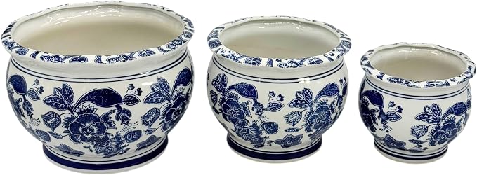 Galt International Floral Blue & White Round Porcelain Ceramic Plant Flower Planter Pot Set of 3 (8", 10", 12") Garden Pots Chinese Asian Design