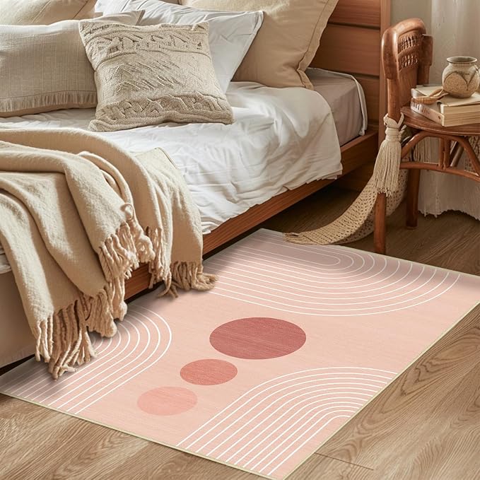 Boho 2x3 Rug for Entryway Modern Geometric Abstract Area Rug Pink Mid Century Modern Machine Washable Door Mat Contemporary Non-Slip Printed Low-Pile Floor Carpet Kitchen Bathroom Laundry Pink