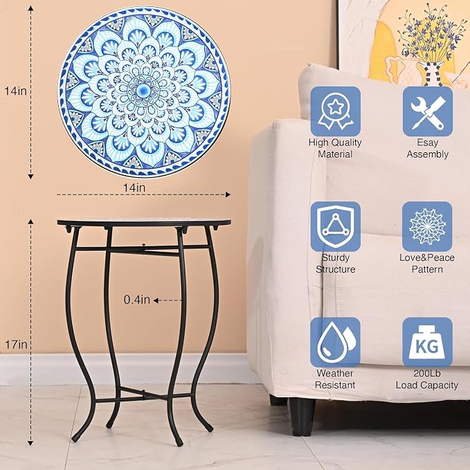 Round Side Table, Patio Accent Weather Resistant Metal Side Table for Livingroom Patio Balcony Yard Porch Garden, Indoor Outdoor Small Plant Stand