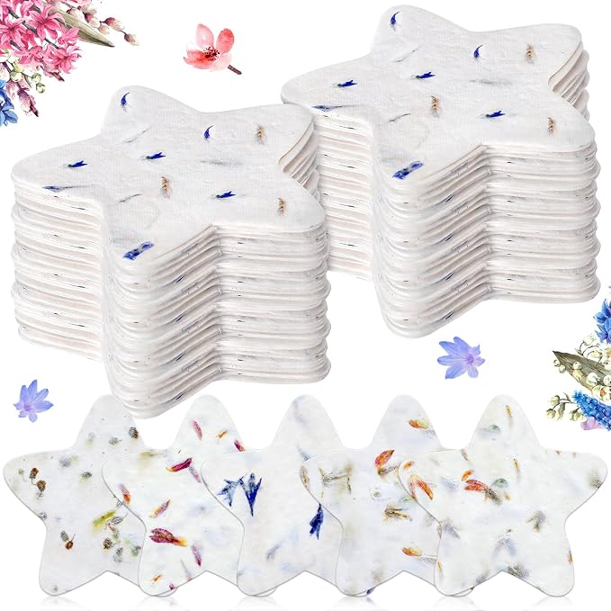Dunzoom 50 Pcs Handmade Seed Paper Plantable Wildflower Seed Paper Recycled Flower Petals Tags Wedding Favors for Guests Craft Gifts Cards for Envelope Birthday Party, 5 Styles (Star)