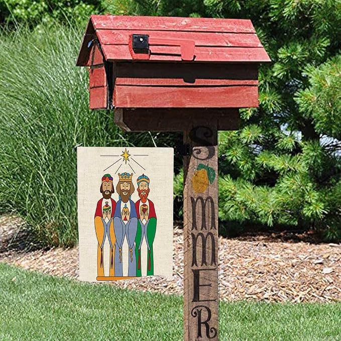 EMMTEEY Christmas Garden Flags We Three Kings Burlap 12.5X18 Small for Outside Double Sided Winter Holiday Flags for Decoration
