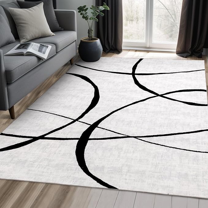 6x9 Washable Modern Abstract Black White Area Rug | Ultra-Thin Low Pile, Non-Slip TPE Backing, Soft Stain Resistant, Machine Washable, for Bedroom Livingroom High Traffic