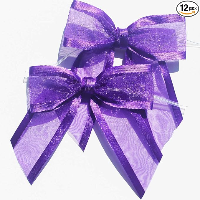 Purple Pre-Tied Organza Bows with Twist Ties. Pack of 12 Satin-Edged Fabric Bows Made of 1-1/2" Ribbon. Bow Measures 4" Wide (12, Purple)