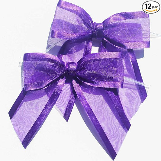 Purple Pre-Tied Organza Bows with Twist Ties. Pack of 12 Satin-Edged Fabric Bows Made of 1-1/2" Ribbon. Bow Measures 4" Wide (12, Purple)