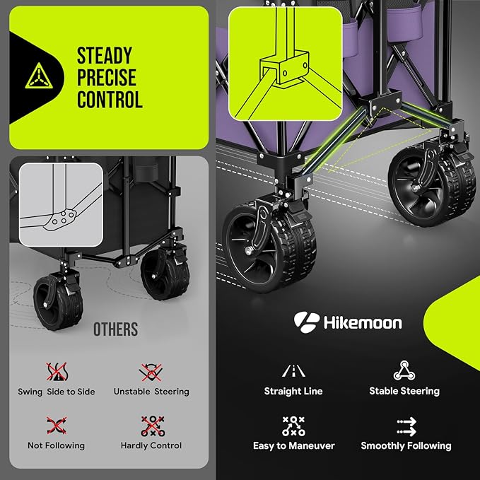 Hikemoon 300L Extra Large Wagons Carts Foldable, 560LBS Heavy Duty Collapsible Beach Wagon 48" Long with Big All-Terrain Wheels, Utility Folding Cart for Camping, Sports, Garden, Purple