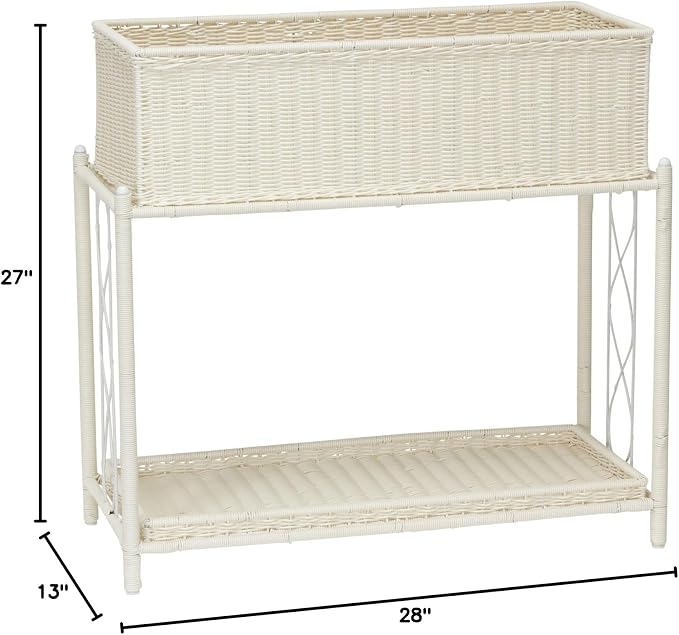 Household Essentials Raised Two‑Tier Plant Stand with Interchangeable Shelves, Resin Woven Planter and Tray, White