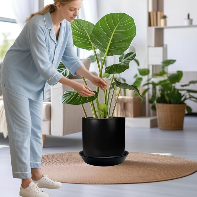 Ceramic Plant Saucer Tray 9 10 11 Inch Black, 11.3" OD x9.7 ID x1.8 Deep| Round Sturdy Heavy Duty Glazed Bevel Planter Drip Flower pots with Catch Basin for Indoor Outdoor Plants