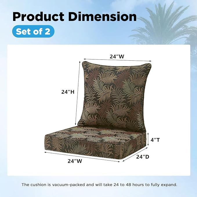 Outdoor Deep Seat & Back Cushion Set (2-Pack), 24 x 24 Inch Water Repellent and Fade Resistant Patio Furniture with Removable Cover for Outside Sofa Couch, Bamboo Leaf Jacquard