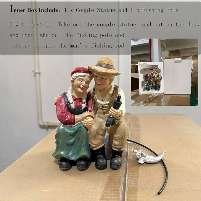 Romantic Older Couple Fishing Statue Outdoor Garden Koi Pond Decoration, Couple in Love Fisher Statues Figurine for Patio, Lawn & Yard Decor, Resin Garden Decoration, Elder Lover Fishing Sculpture