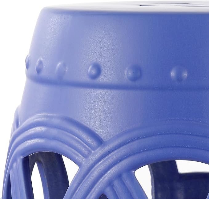 JONATHAN Y Lucky Coins 16" Ceramic Garden Stool, Contemporary Matte Blue Cutout Interlocking Rings Drum Indoor/Outdoor Side Table and Plant Stand for Patio, Garden, Living Room TBL1022D