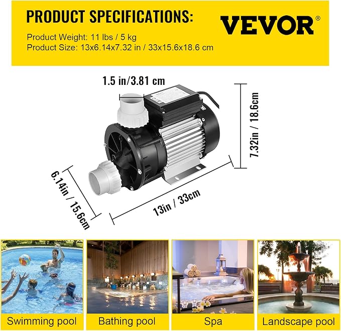 VEVOR Pool Spa Pump Above Ground 1/2 HP 110V Hot Tub 0.37KW Water Circulation Swimming Pool Pump